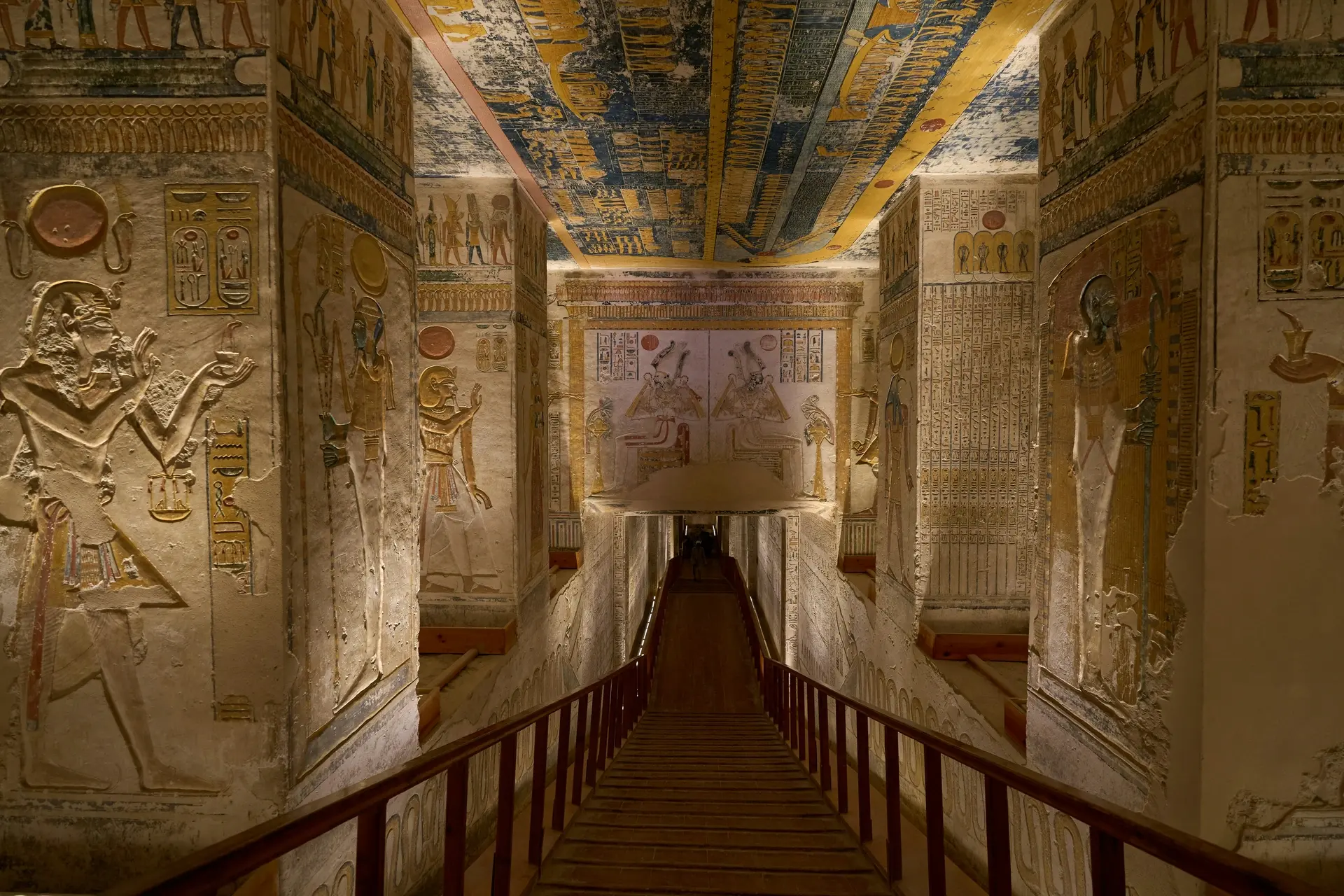 Colorful hieroglyphs inside an ancient Egyptian royal tomb