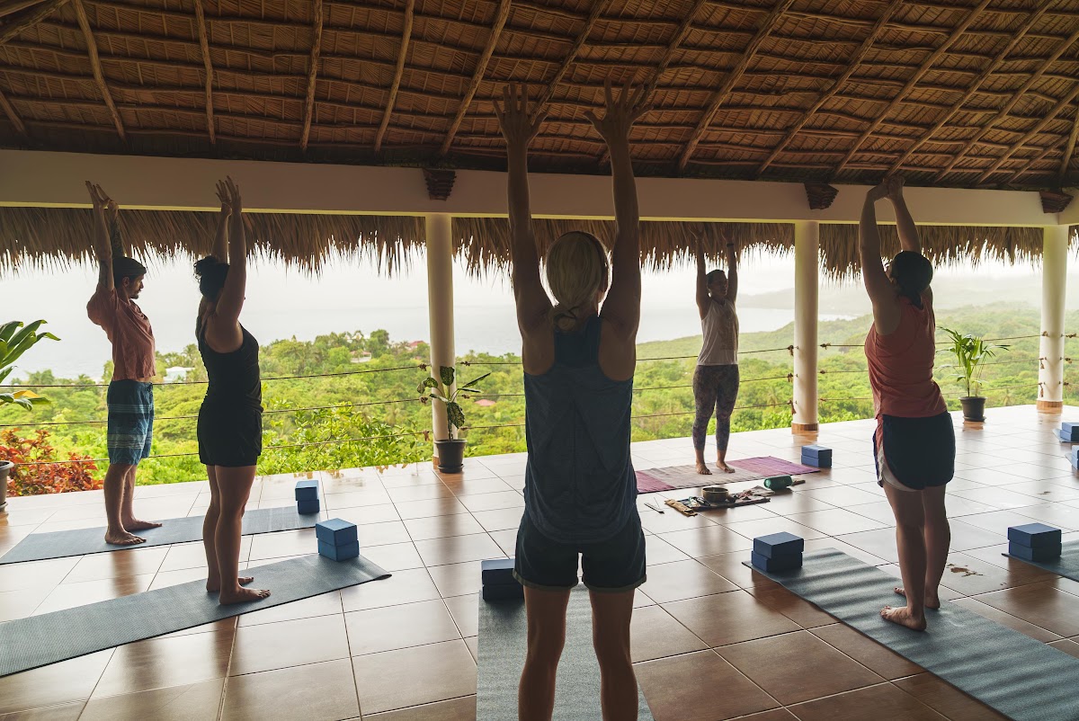 Morning yoga in the open-air shala overlooking the sea on a Last Life Ever trip