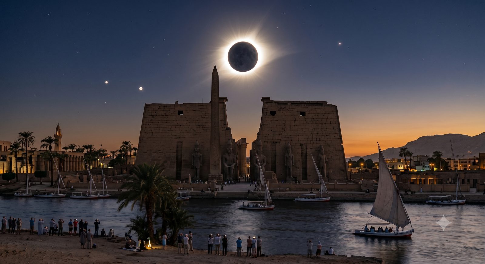 Total solar eclipse over Luxor Temple and the Nile