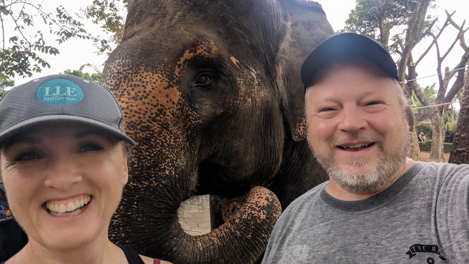 Jillian and Jeff face to face with an elephant